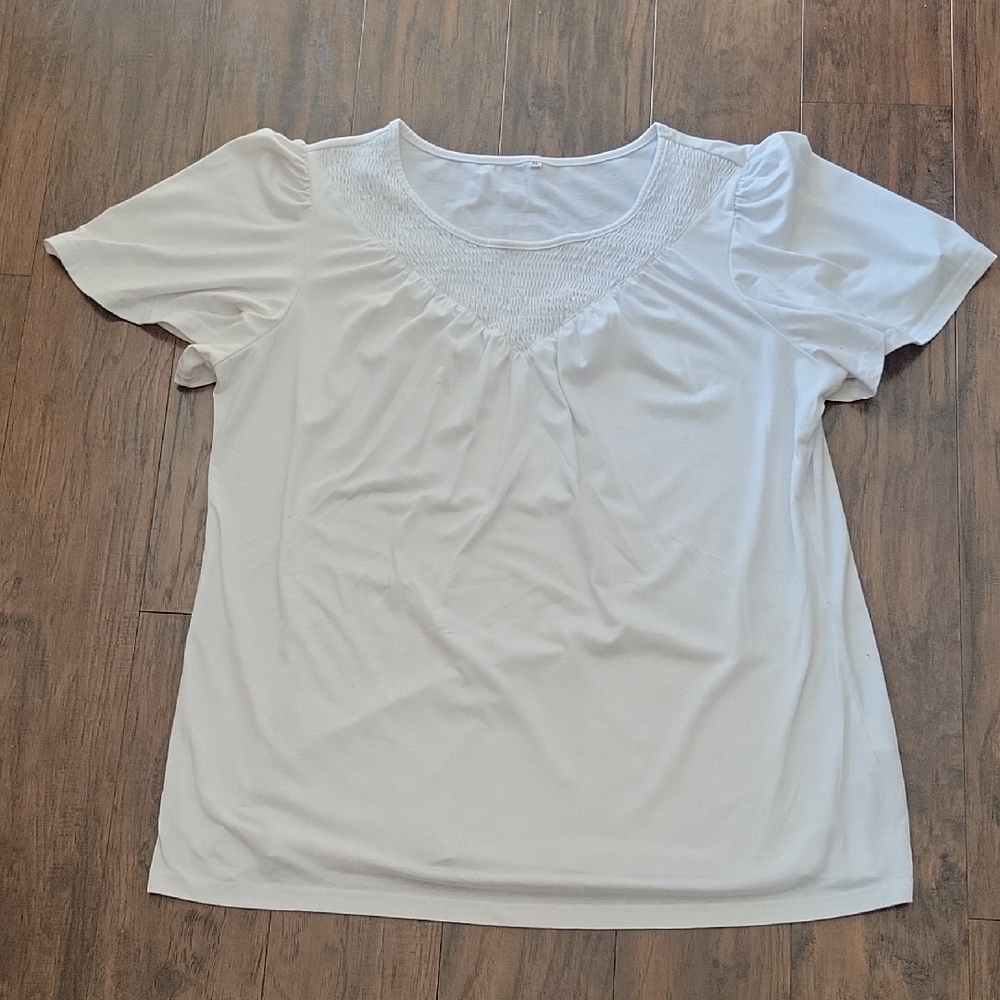 Women's White Smocked Yoke Short Sleeve Top
